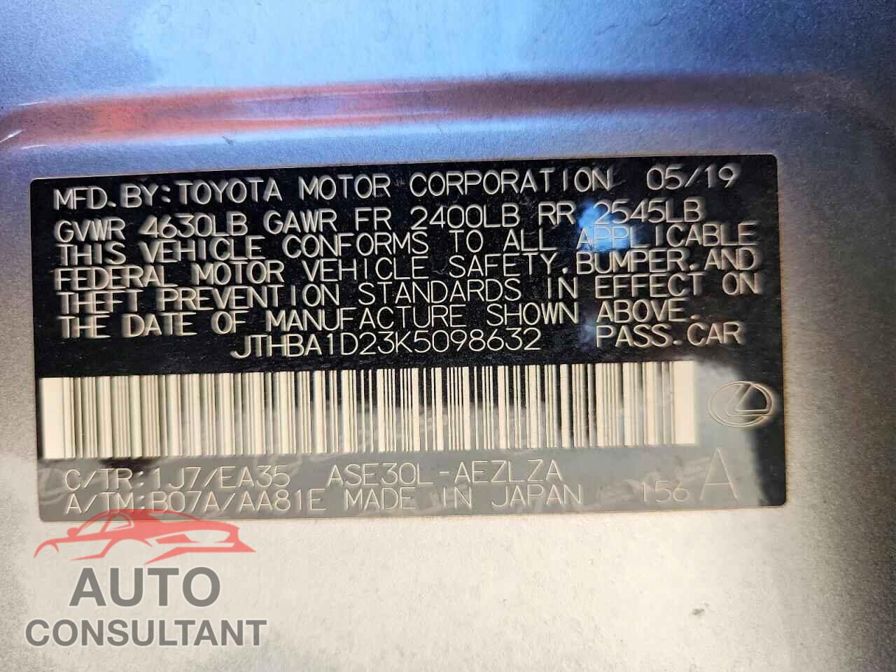 LEXUS IS 2019 - JTHBA1D23K5098632