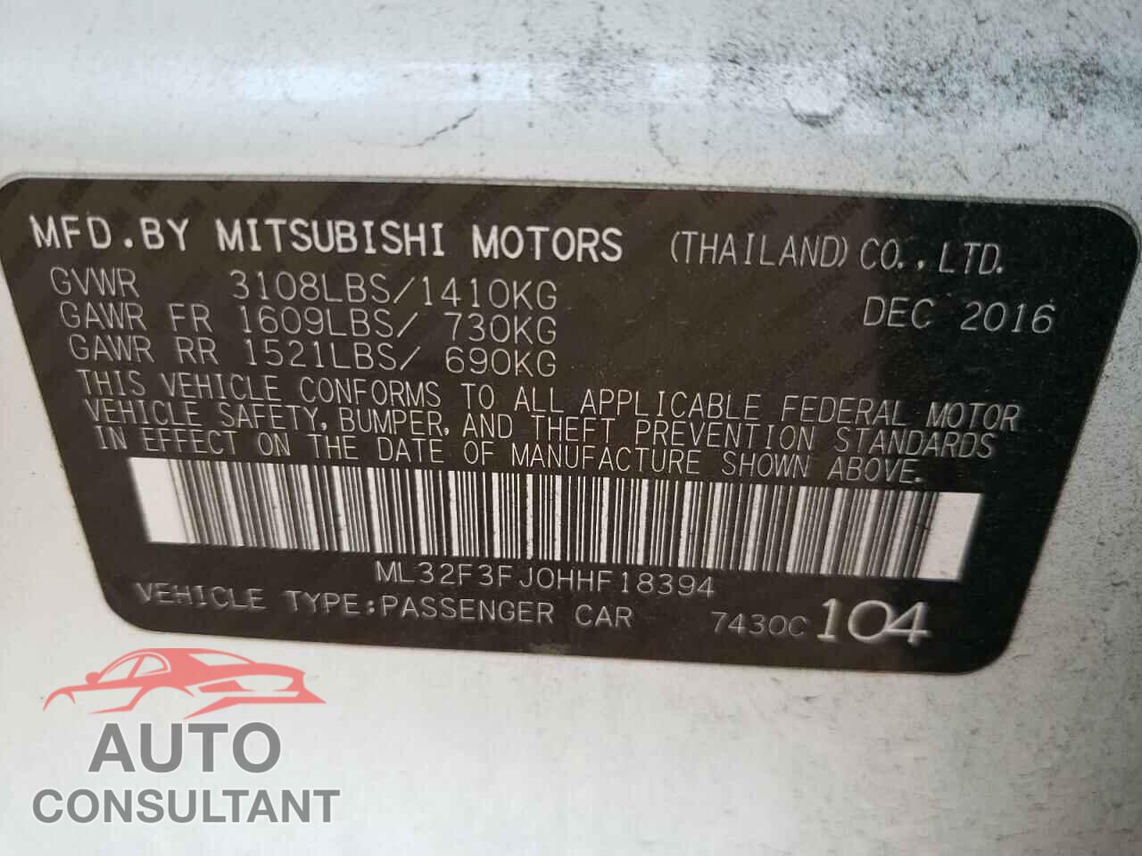 MITSUBISHI MIRAGE 2017 - ML32F3FJ0HHF18394