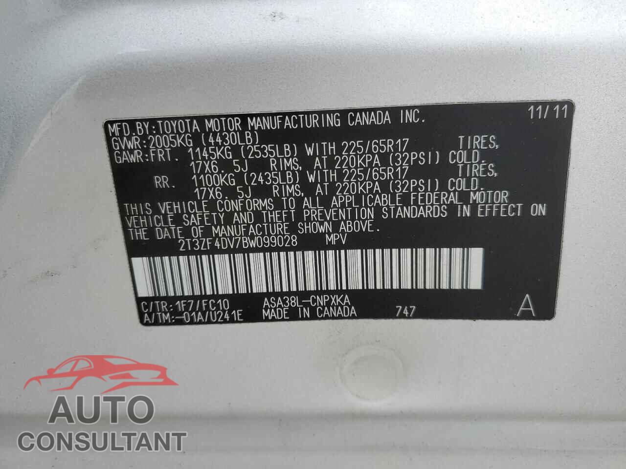 TOYOTA RAV4 2011 - 2T3ZF4DV7BW099028