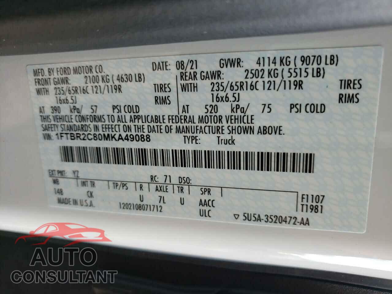 FORD TRANSIT CO 2021 - 1FTBR2C80MKA49088