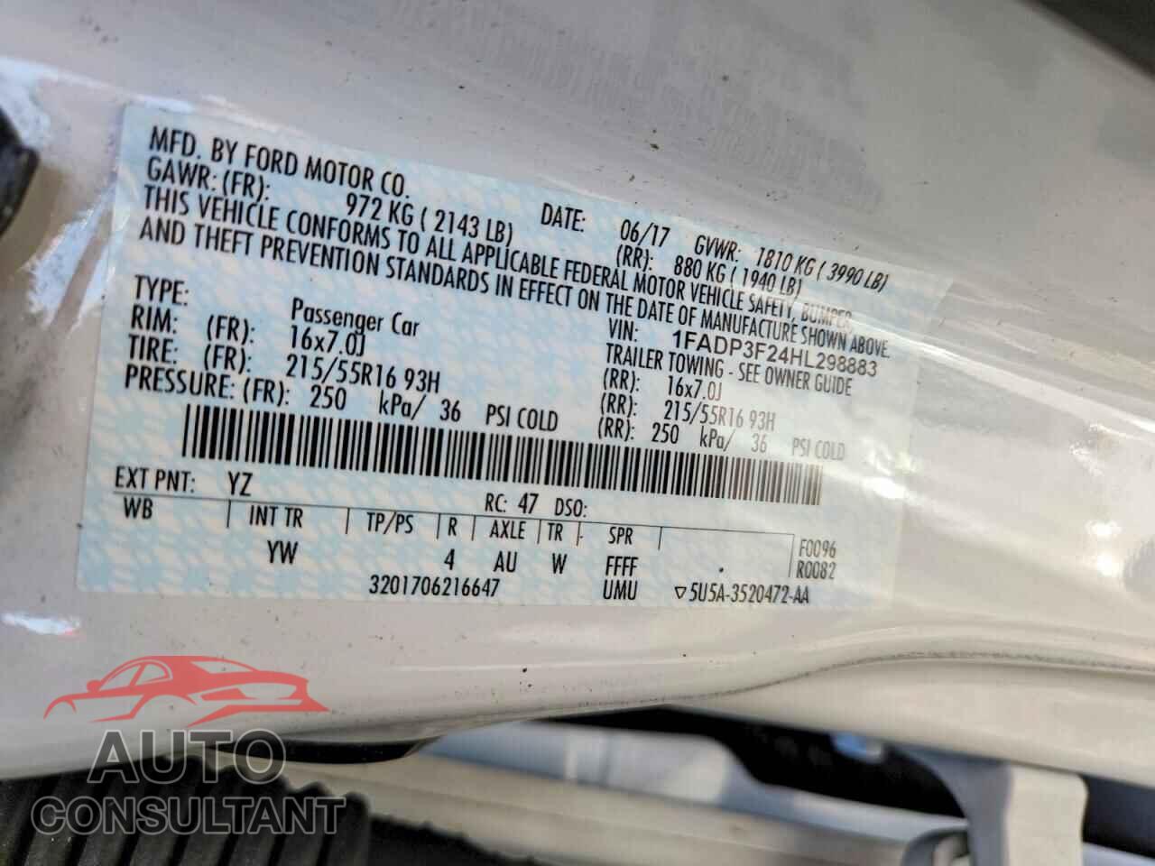 FORD FOCUS 2017 - 1FADP3F24HL298883