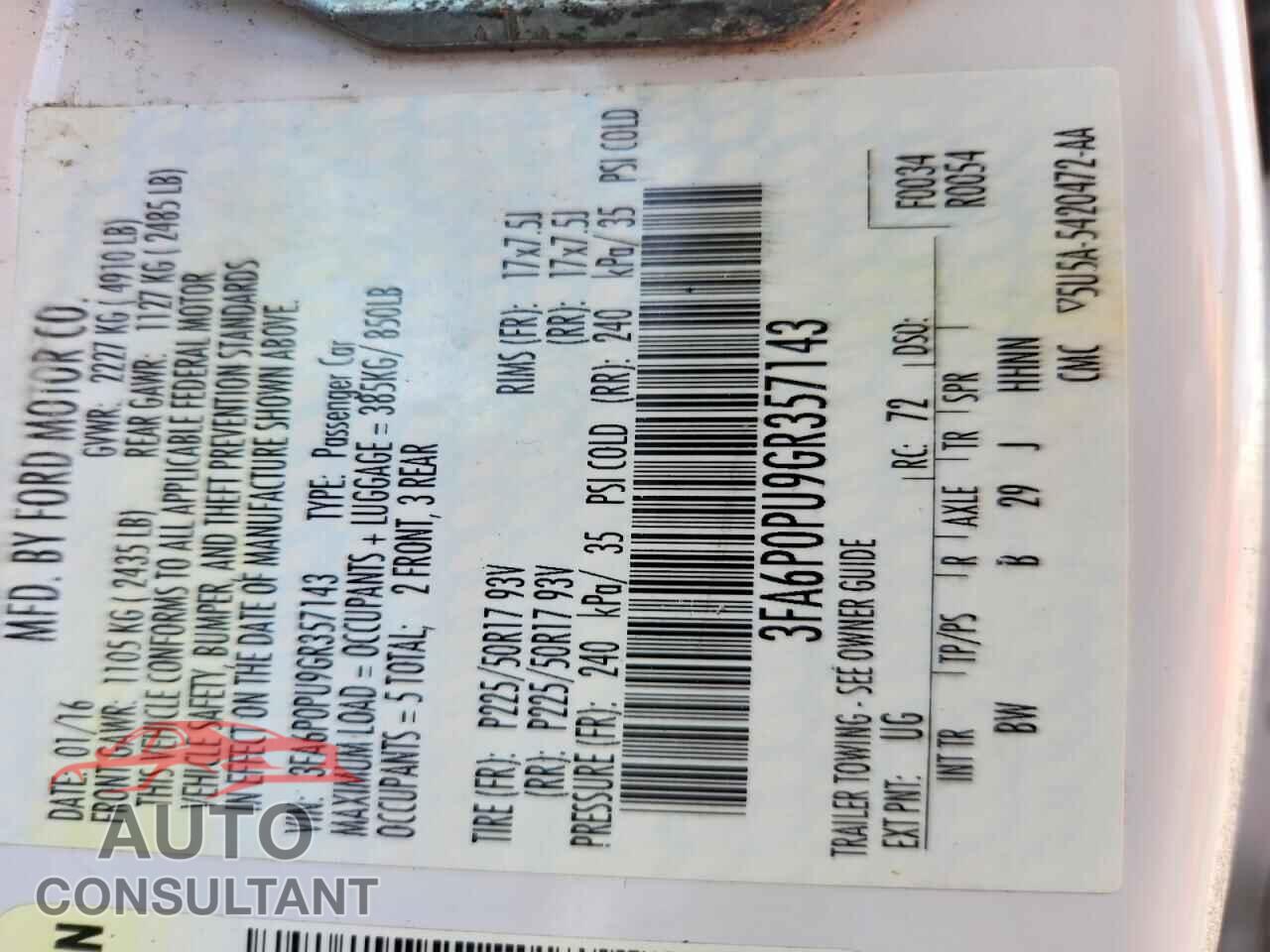 FORD FUSION 2016 - 3FA6P0PU9GR357143