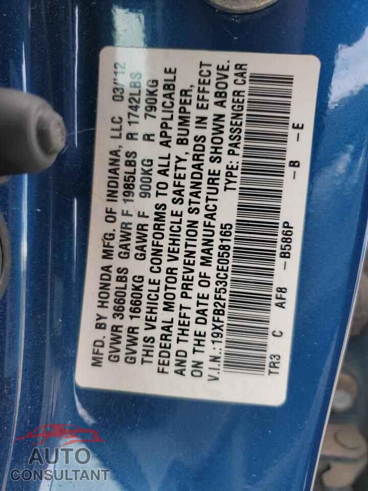 HONDA CIVIC 2012 - 19XFB2F53CE058165