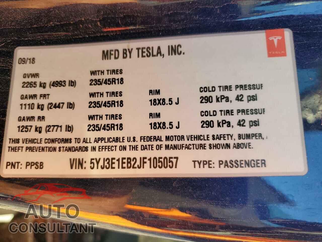 TESLA MODEL 3 2018 - 5YJ3E1EB2JF105057