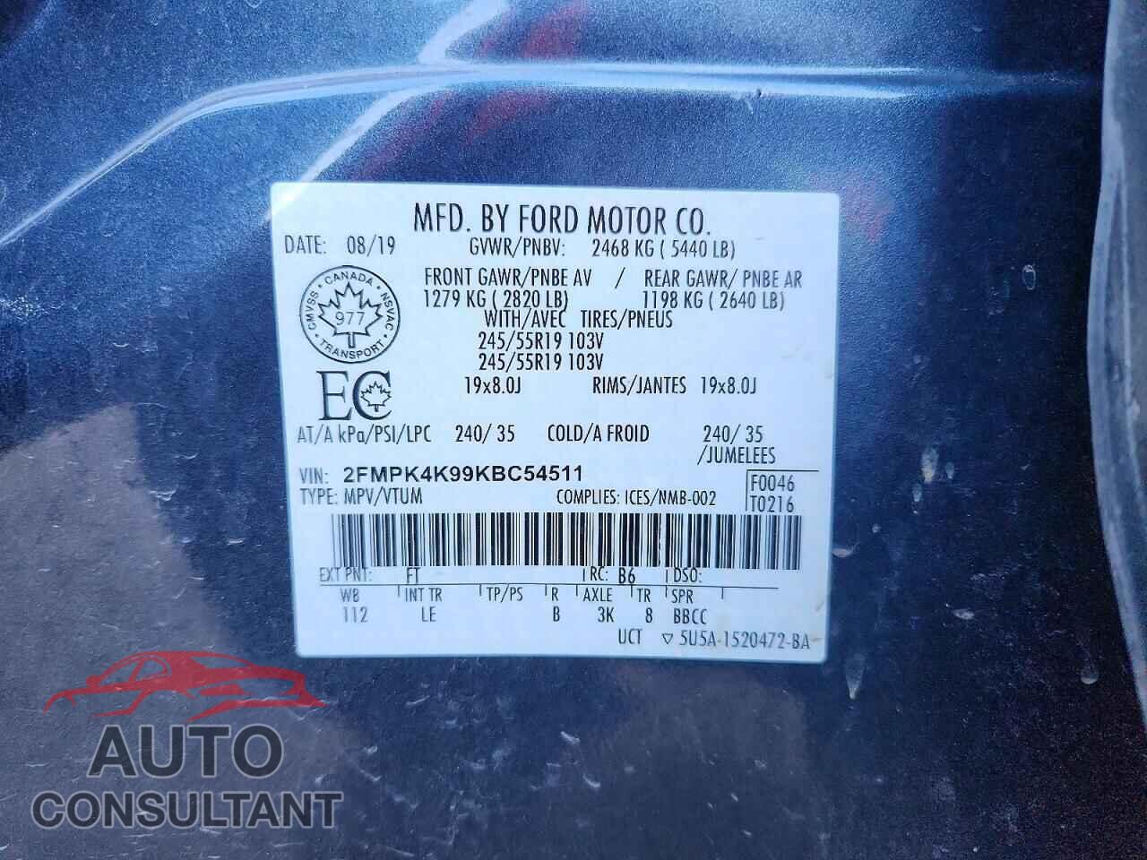 FORD EDGE 2019 - 2FMPK4K99KBC54511