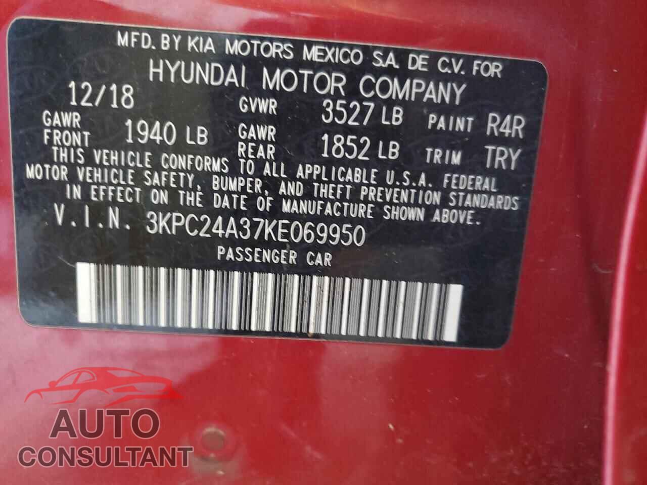 HYUNDAI ACCENT 2019 - 3KPC24A37KE069950