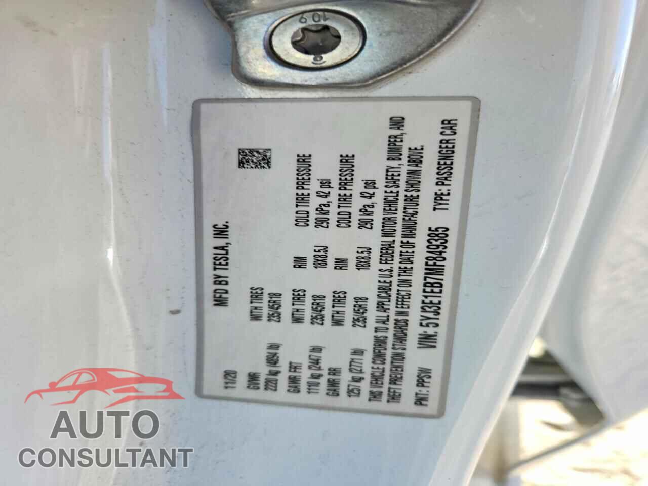 TESLA MODEL 3 2021 - 5YJ3E1EB7MF849385