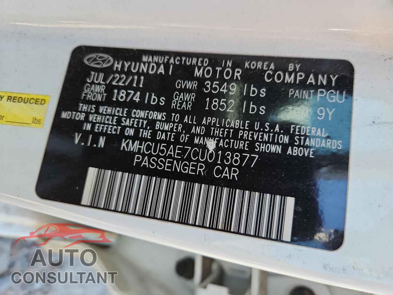 HYUNDAI ACCENT 2012 - KMHCU5AE7CU013877