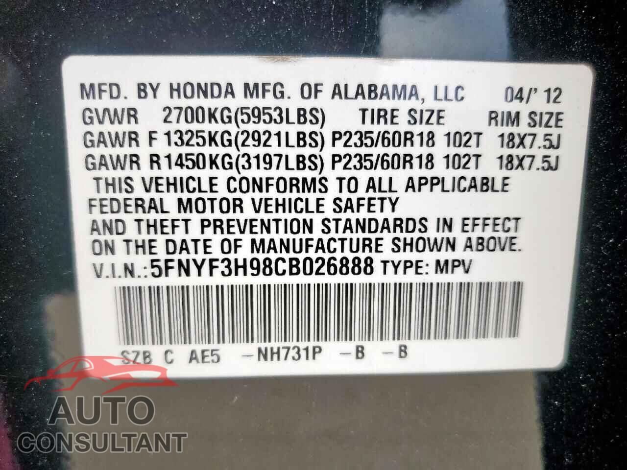 HONDA PILOT 2012 - 5FNYF3H98CB026888