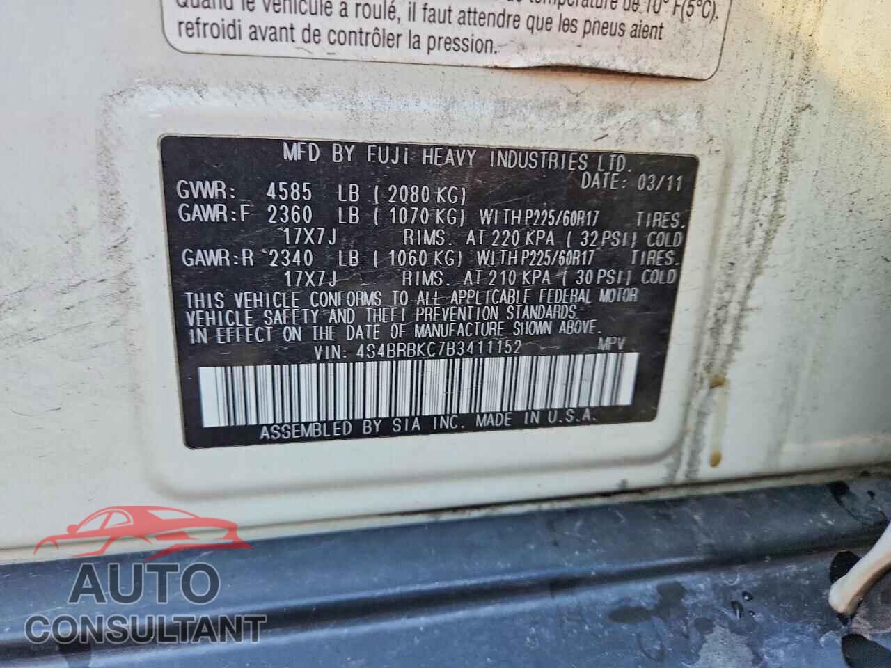 SUBARU OUTBACK 2011 - 4S4BRBKC7B3411152