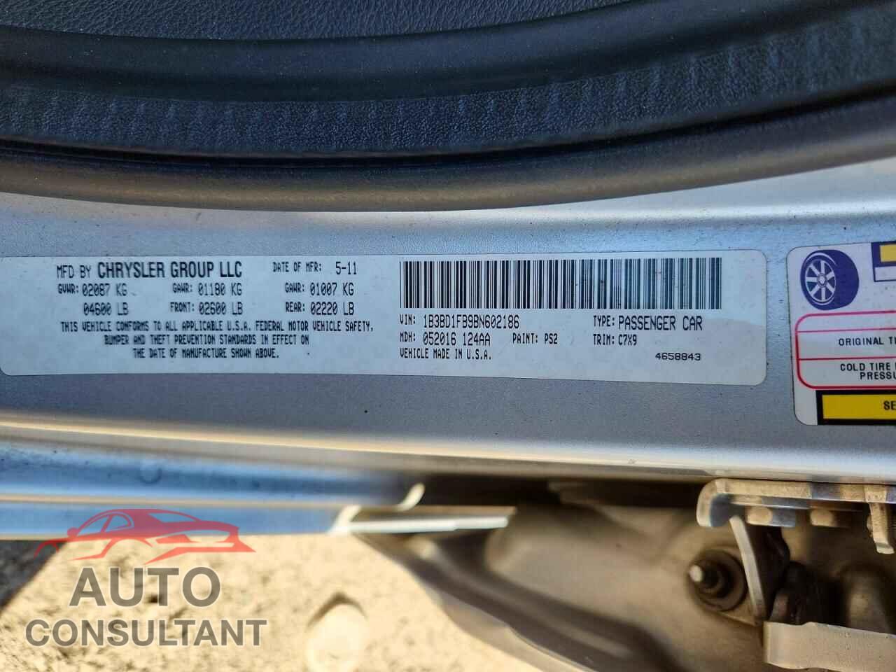 DODGE AVENGER 2011 - 1B3BD1FB9BN602186