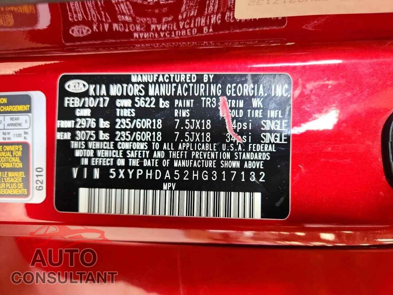 KIA SORENTO 2017 - 5XYPHDA52HG317132
