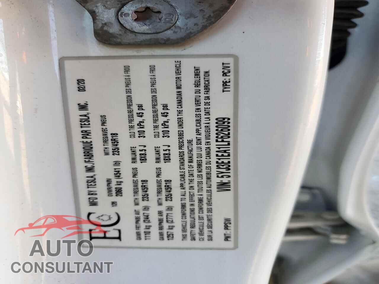 TESLA MODEL 3 2020 - 5YJ3E1EA1LF626099