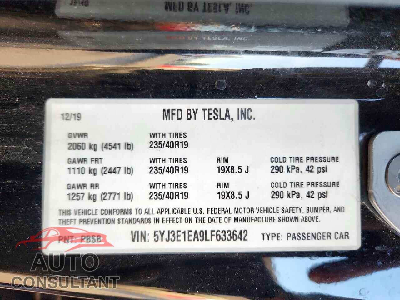 TESLA MODEL 3 2020 - 5YJ3E1EA9LF633642