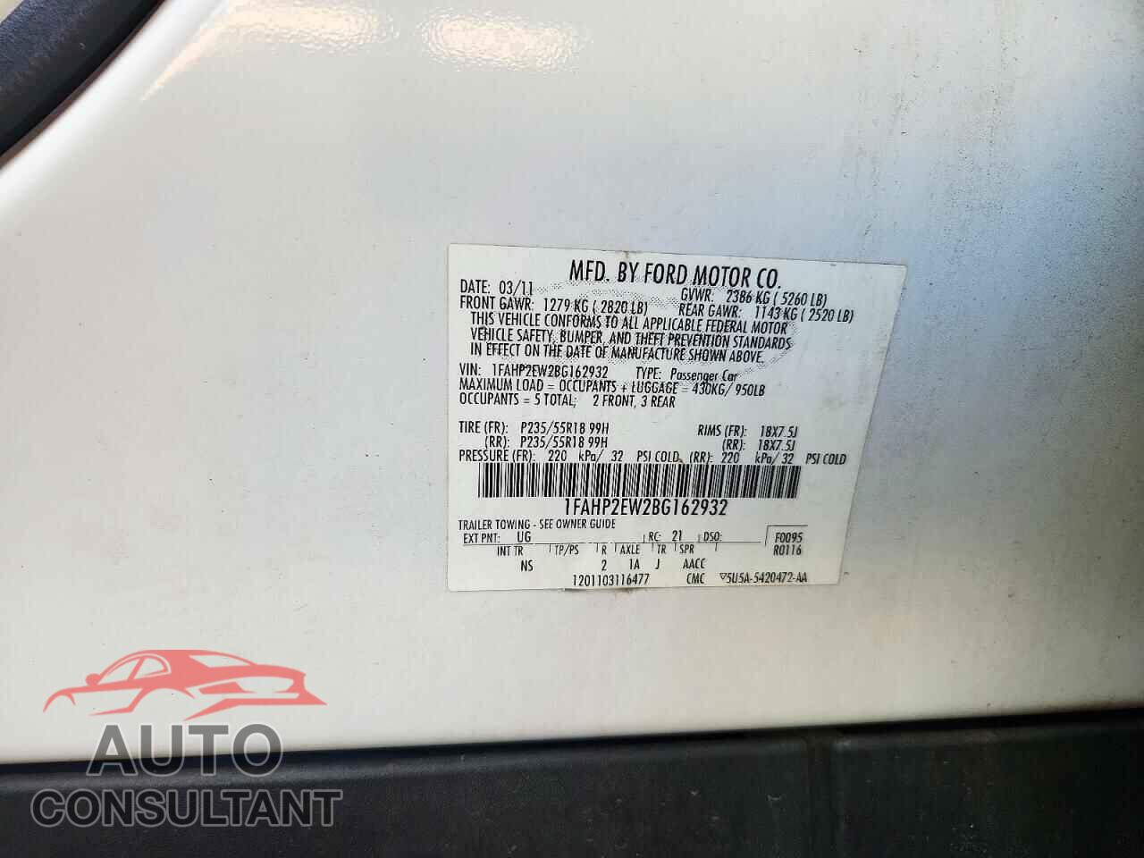 FORD TAURUS 2011 - 1FAHP2EW2BG162932