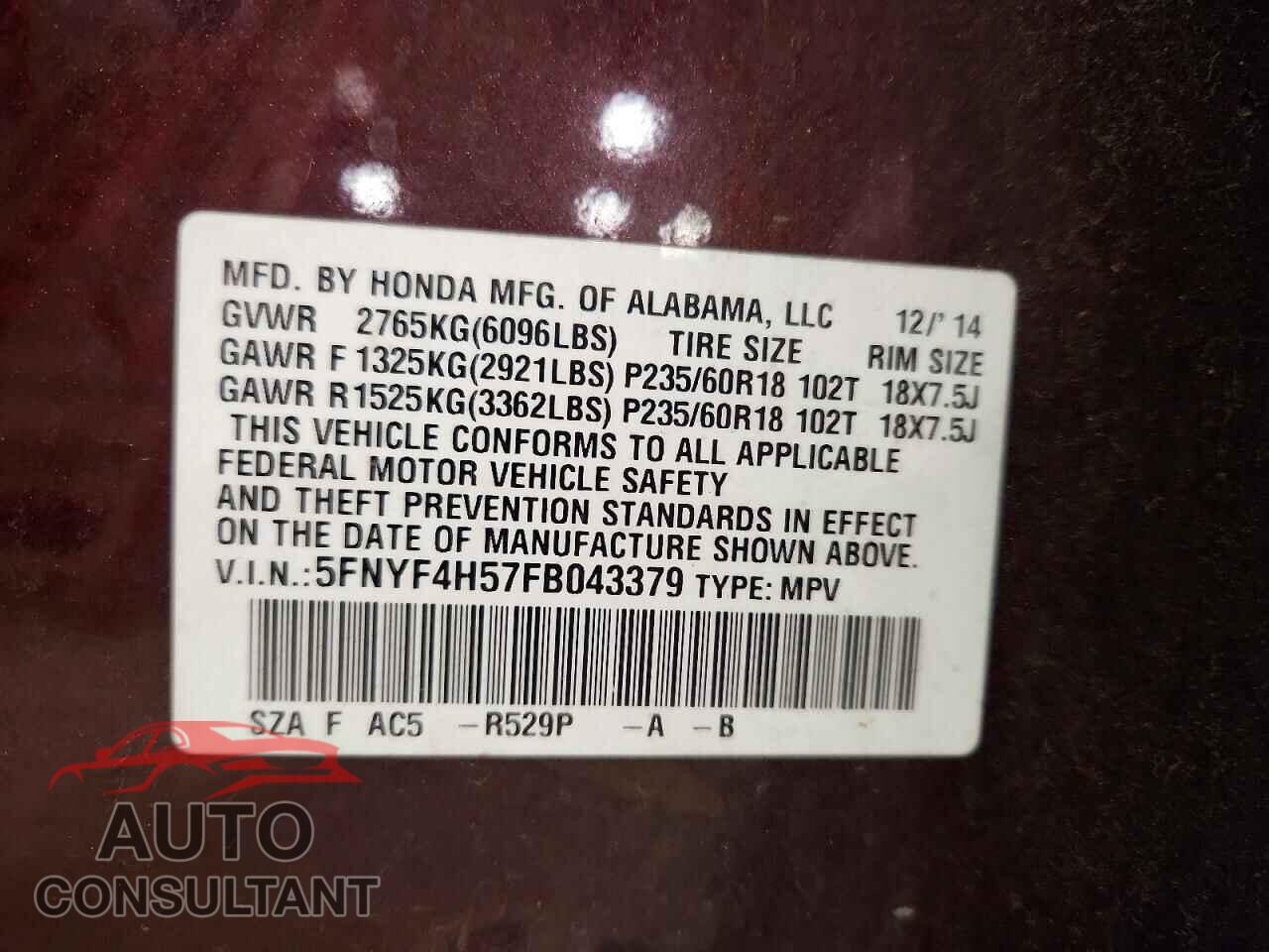 HONDA PILOT 2015 - 5FNYF4H57FB043379