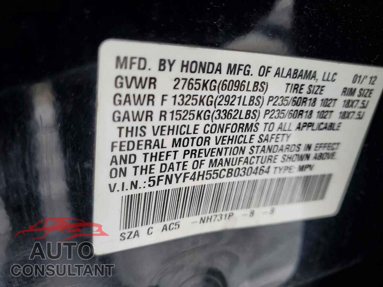 HONDA PILOT 2012 - 5FNYF4H55CB030464