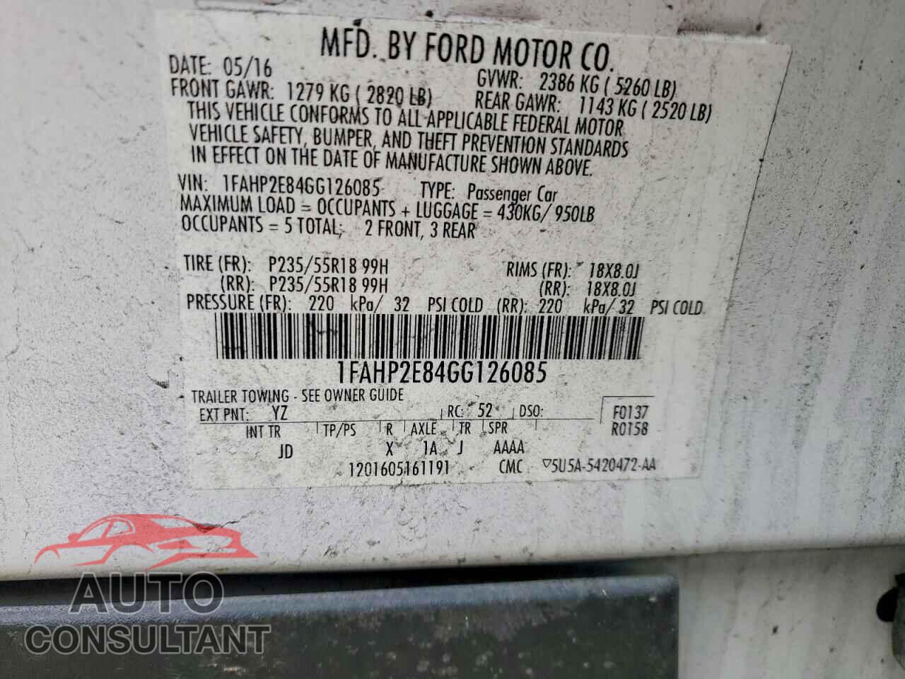 FORD TAURUS 2016 - 1FAHP2E84GG126085