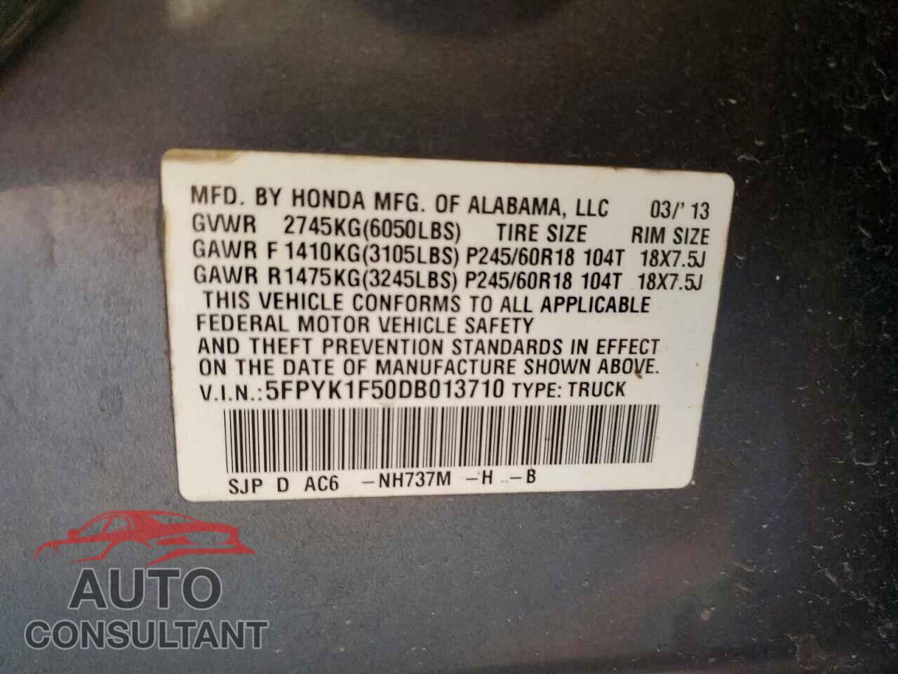 HONDA RIDGELINE 2013 - 5FPYK1F50DB013710