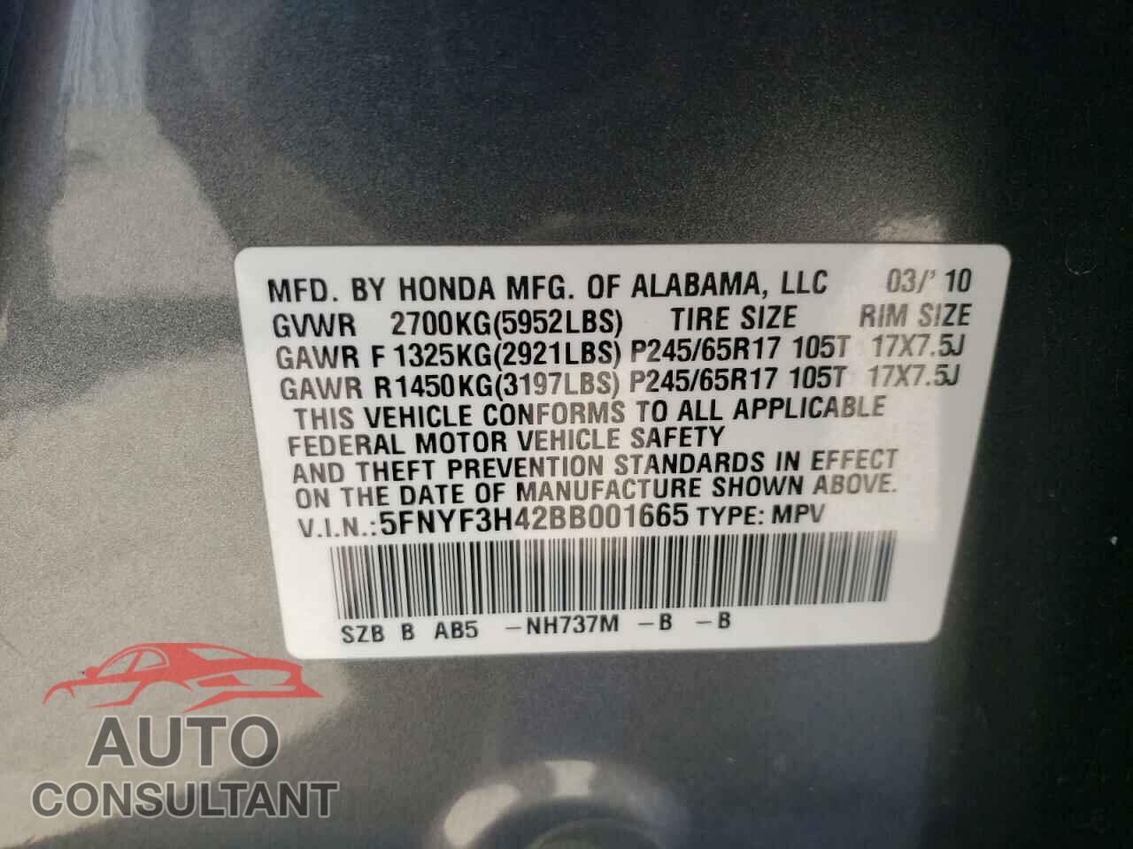 HONDA PILOT 2011 - 5FNYF3H42BB001665