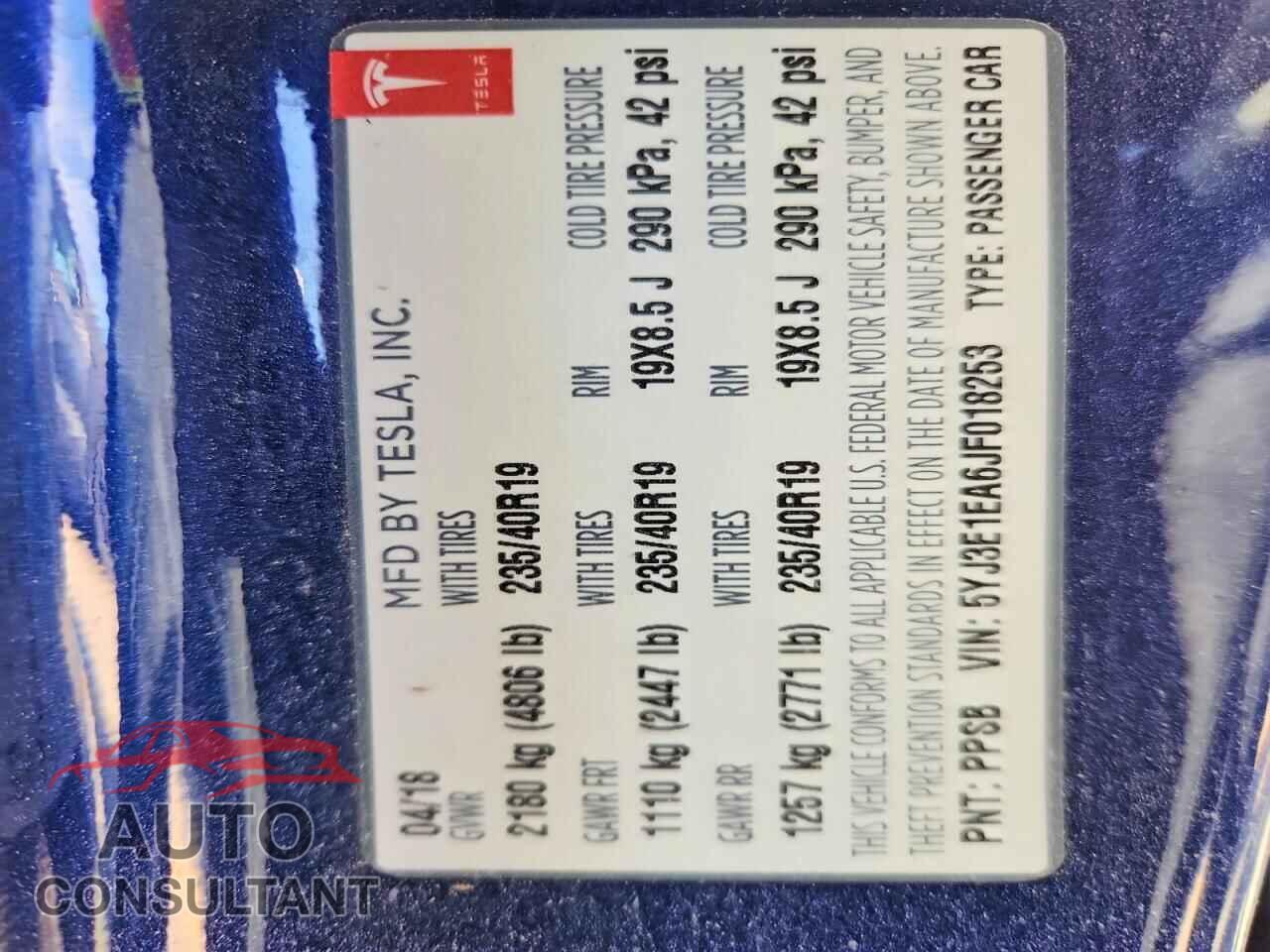 TESLA MODEL 3 2018 - 5YJ3E1EA6JF018253
