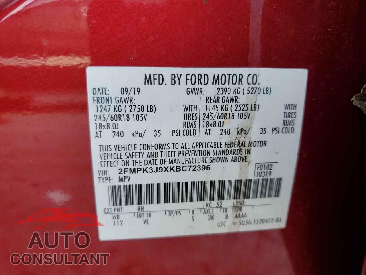 FORD EDGE 2019 - 2FMPK3J9XKBC72396