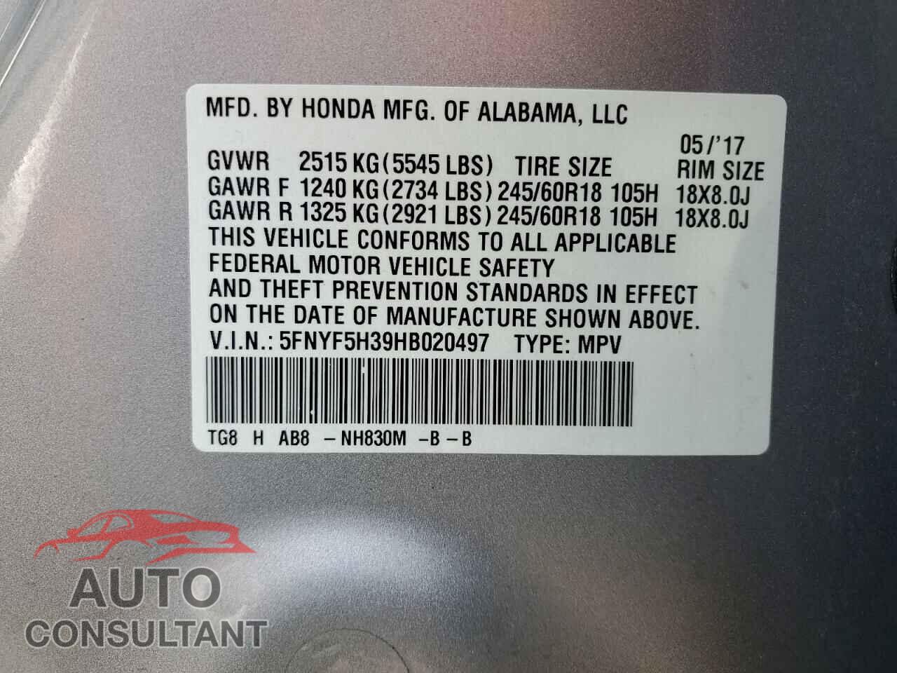 HONDA PILOT 2017 - 5FNYF5H39HB020497