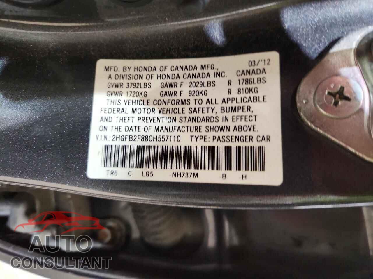 HONDA CIVIC 2012 - 2HGFB2F88CH557110