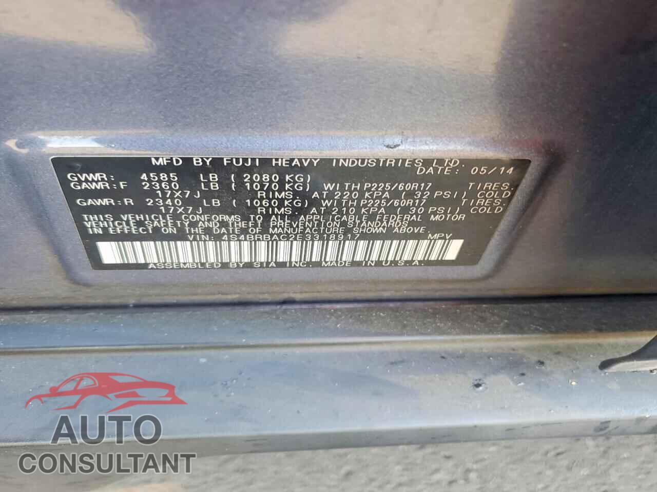 SUBARU OUTBACK 2014 - 4S4BRBAC2E3318917