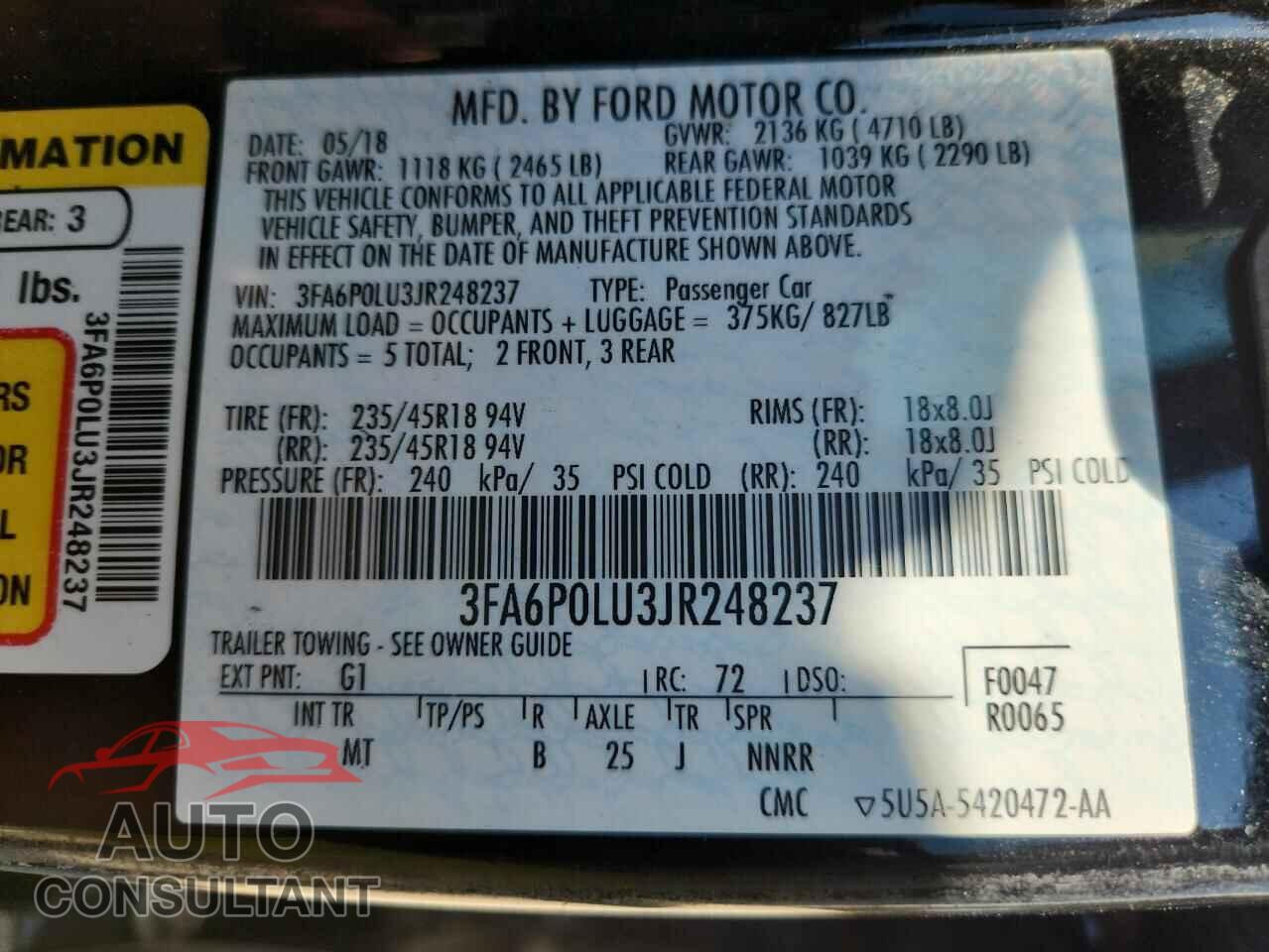 FORD FUSION 2018 - 3FA6P0LU3JR248237