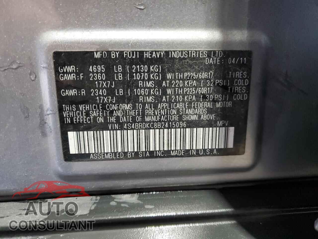 SUBARU OUTBACK 2011 - 4S4BRDKC8B2415096