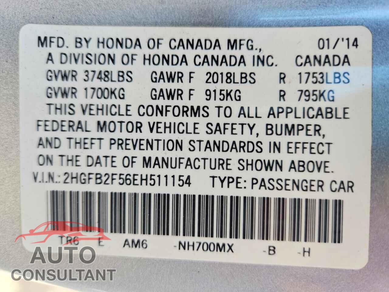 HONDA CIVIC 2014 - 2HGFB2F56EH511154
