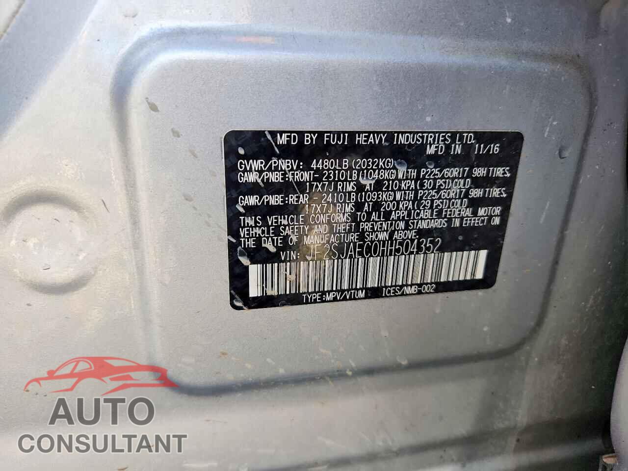 SUBARU FORESTER 2017 - JF2SJAEC0HH504352