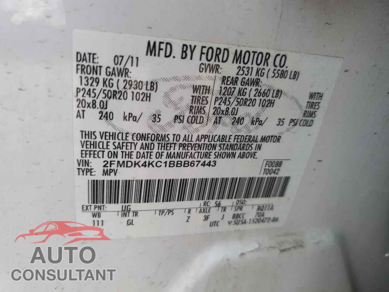 FORD EDGE 2011 - 2FMDK4KC1BBB67443