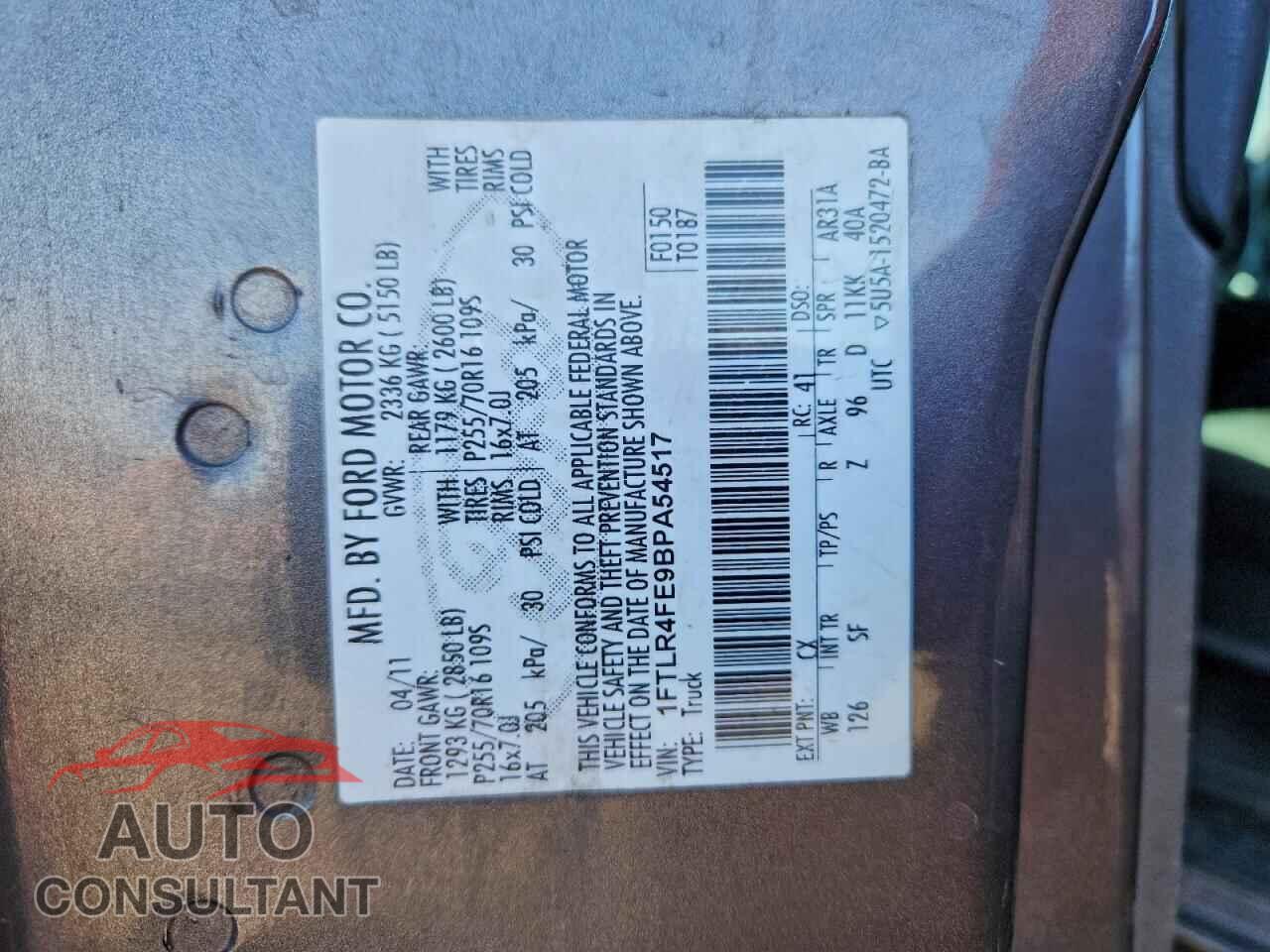 FORD RANGER 2011 - 1FTLR4FE9BPA54517