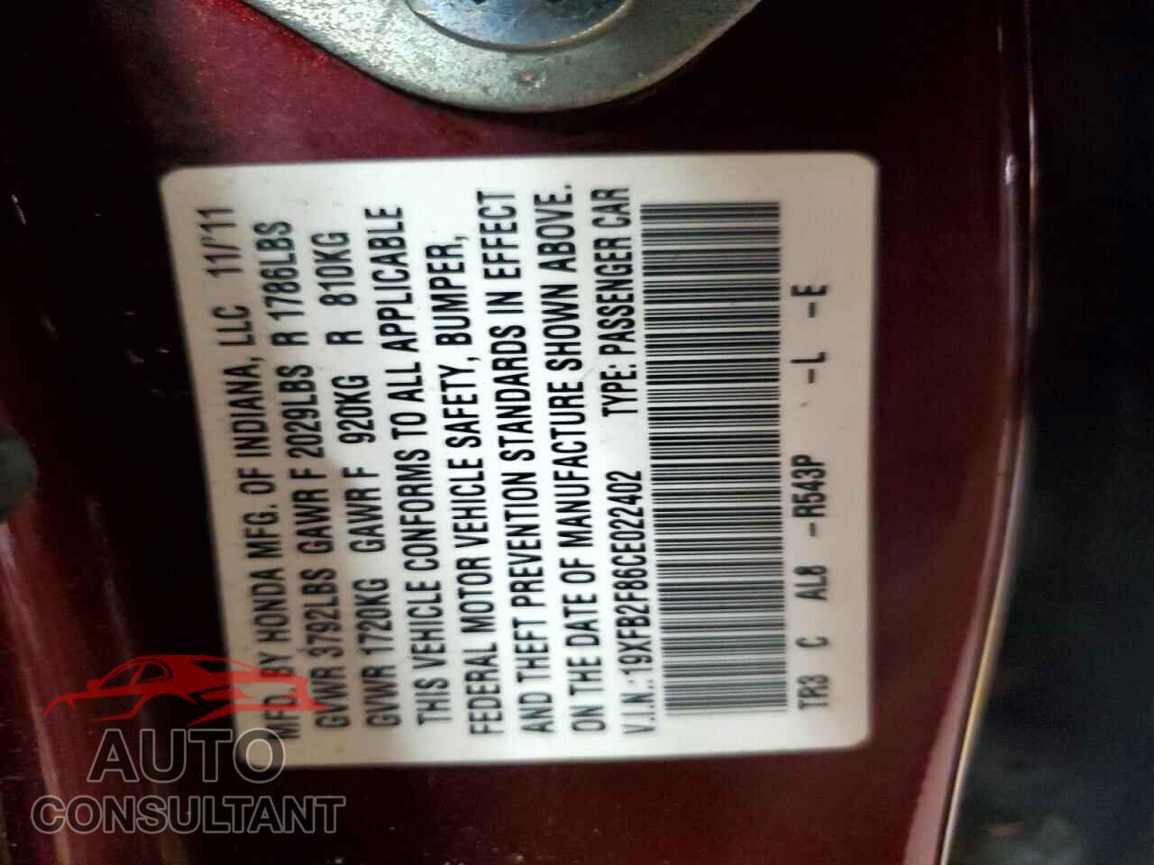 HONDA CIVIC 2012 - 19XFB2F86CE022402
