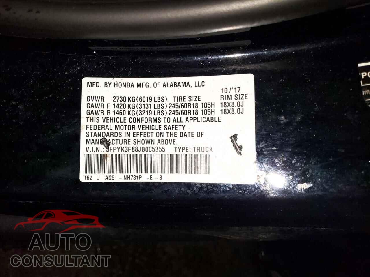 HONDA RIDGELINE 2018 - 5FPYK3F88JB005355