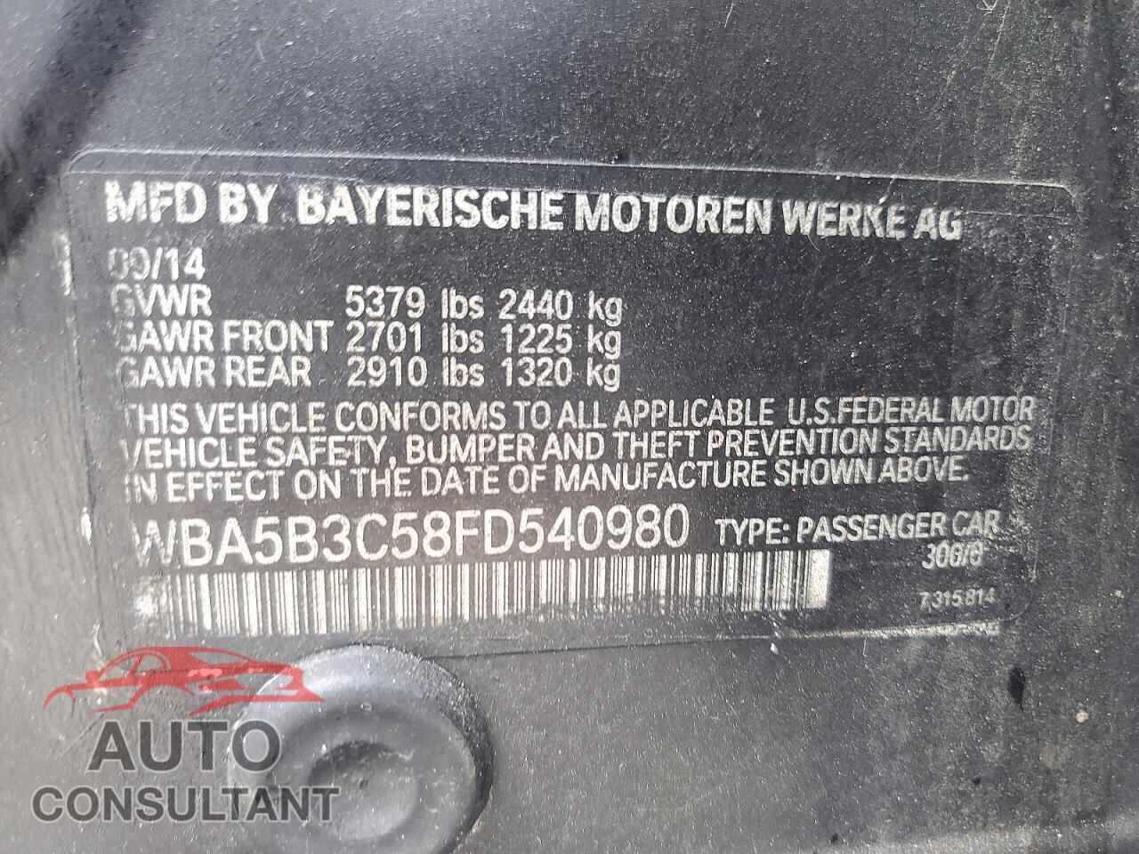 BMW 5 SERIES 2015 - WBA5B3C58FD540980