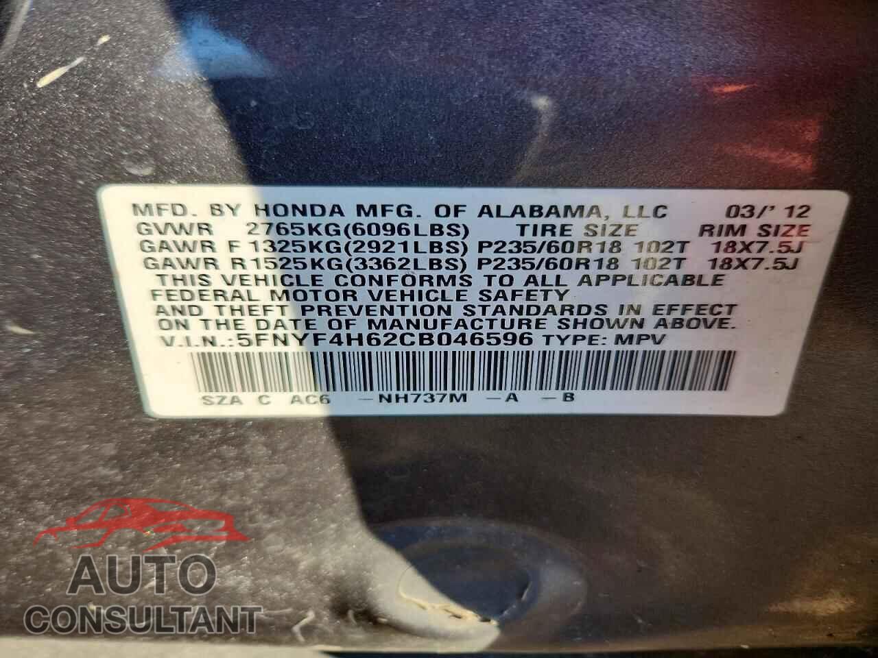 HONDA PILOT 2012 - 5FNYF4H62CB046596