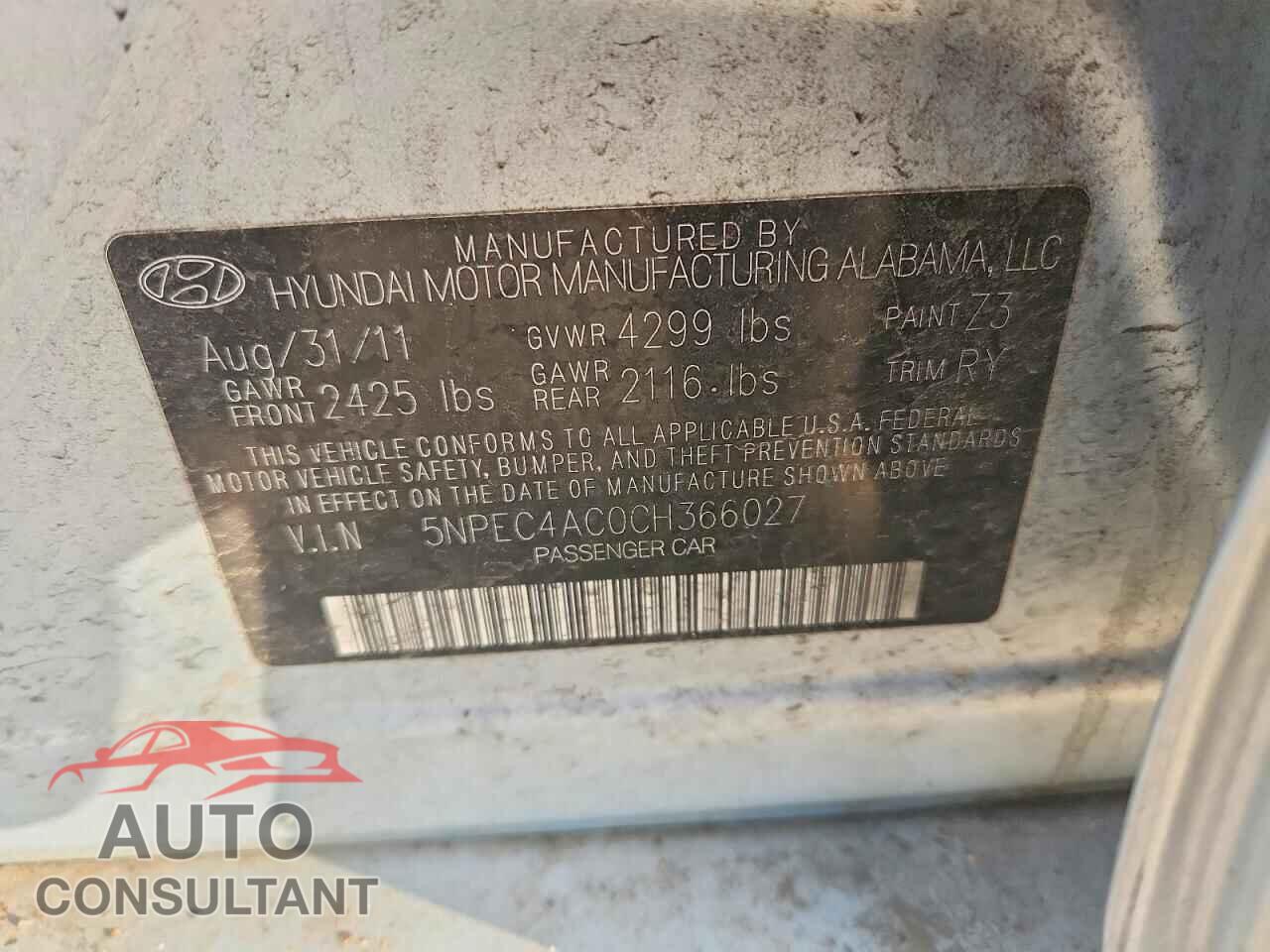 HYUNDAI SONATA 2012 - 5NPEC4AC0CH366027