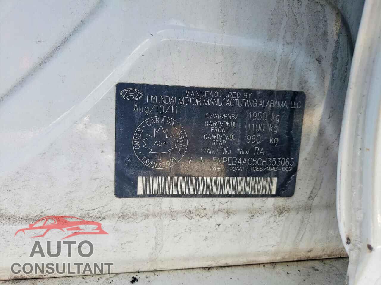 HYUNDAI SONATA 2012 - 5NPEB4AC5CH353065