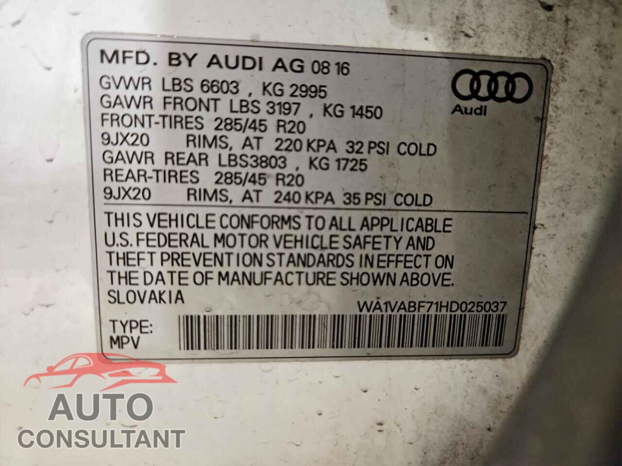 AUDI Q7 2017 - WA1VABF71HD025037