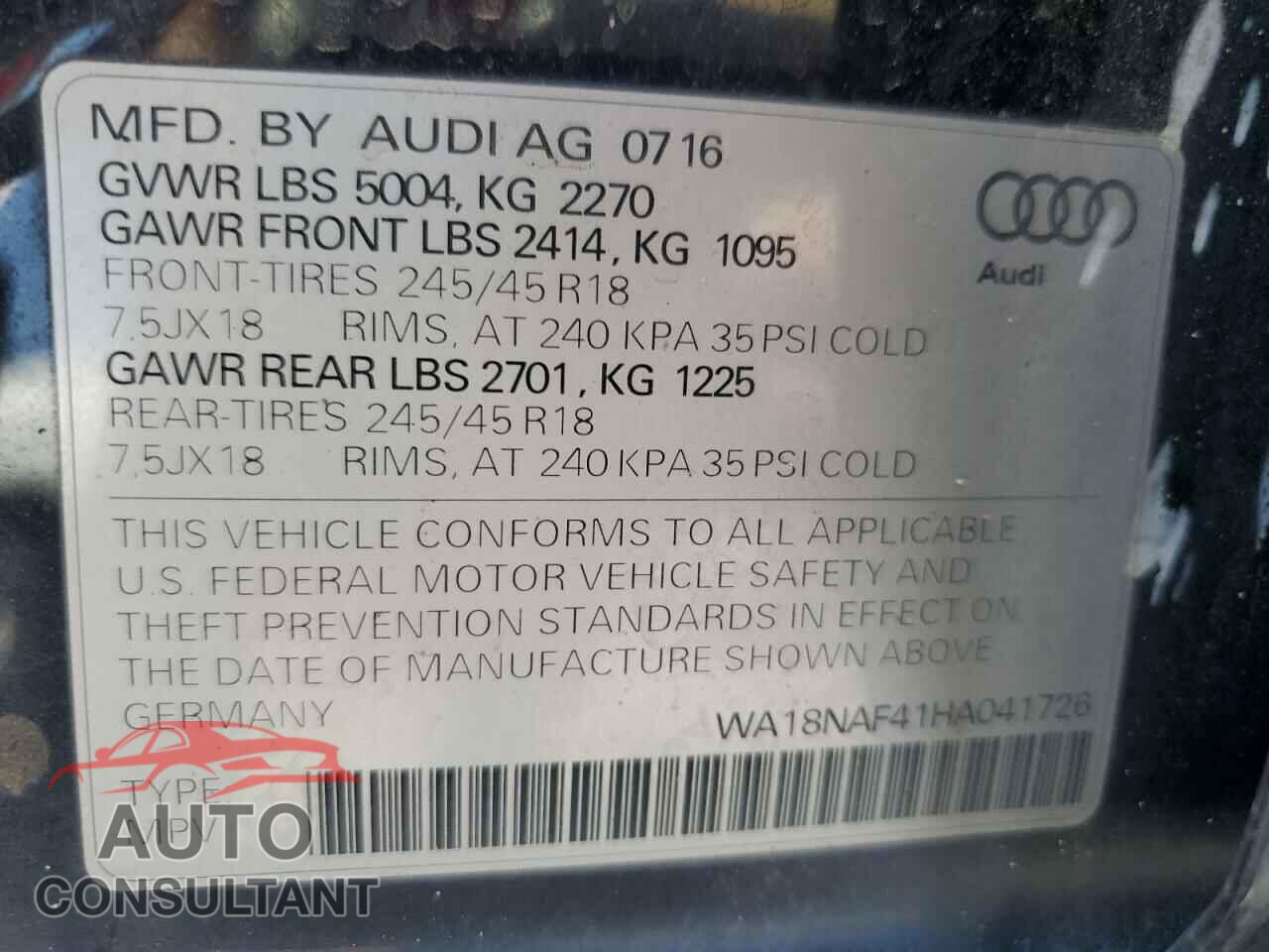 AUDI A4 2017 - WA18NAF41HA041726