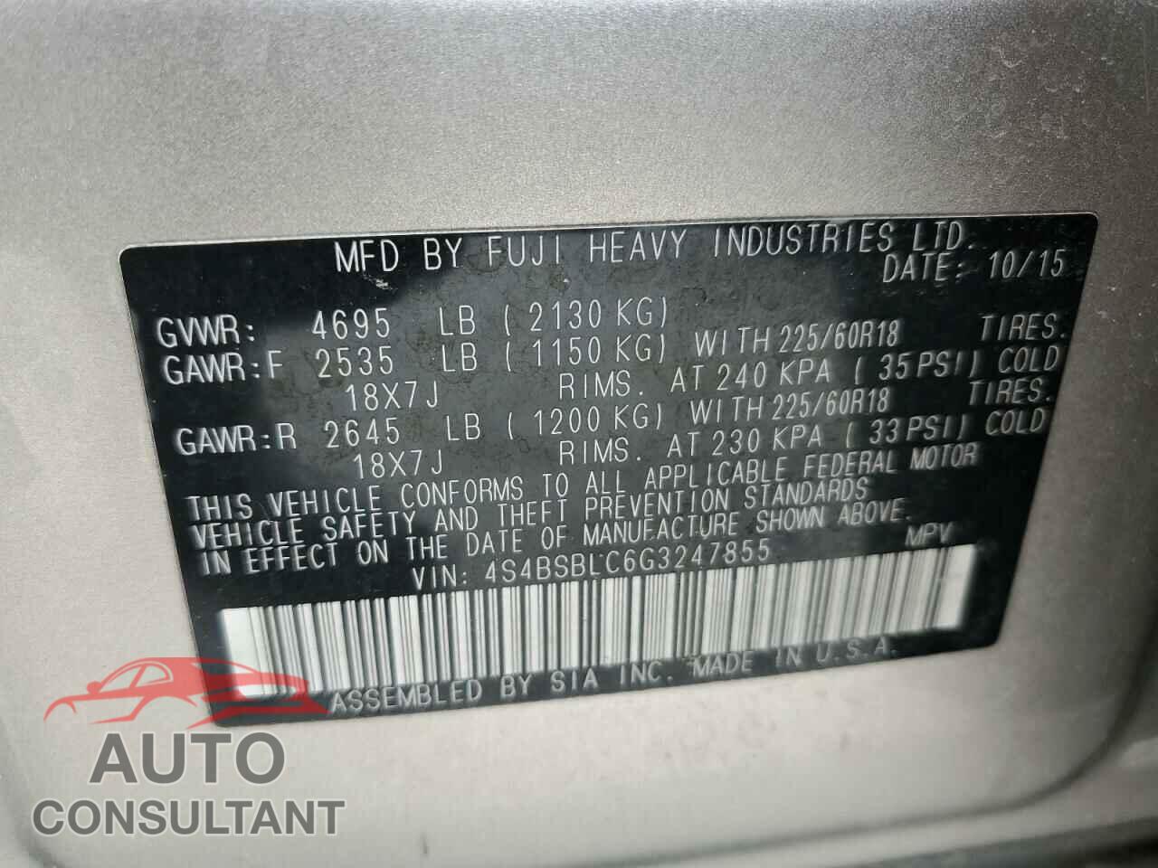 SUBARU OUTBACK 2016 - 4S4BSBLC6G3247855
