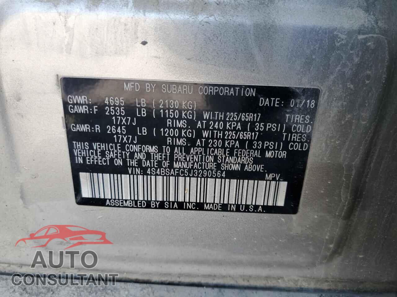 SUBARU OUTBACK 2018 - 4S4BSAFC5J3290564