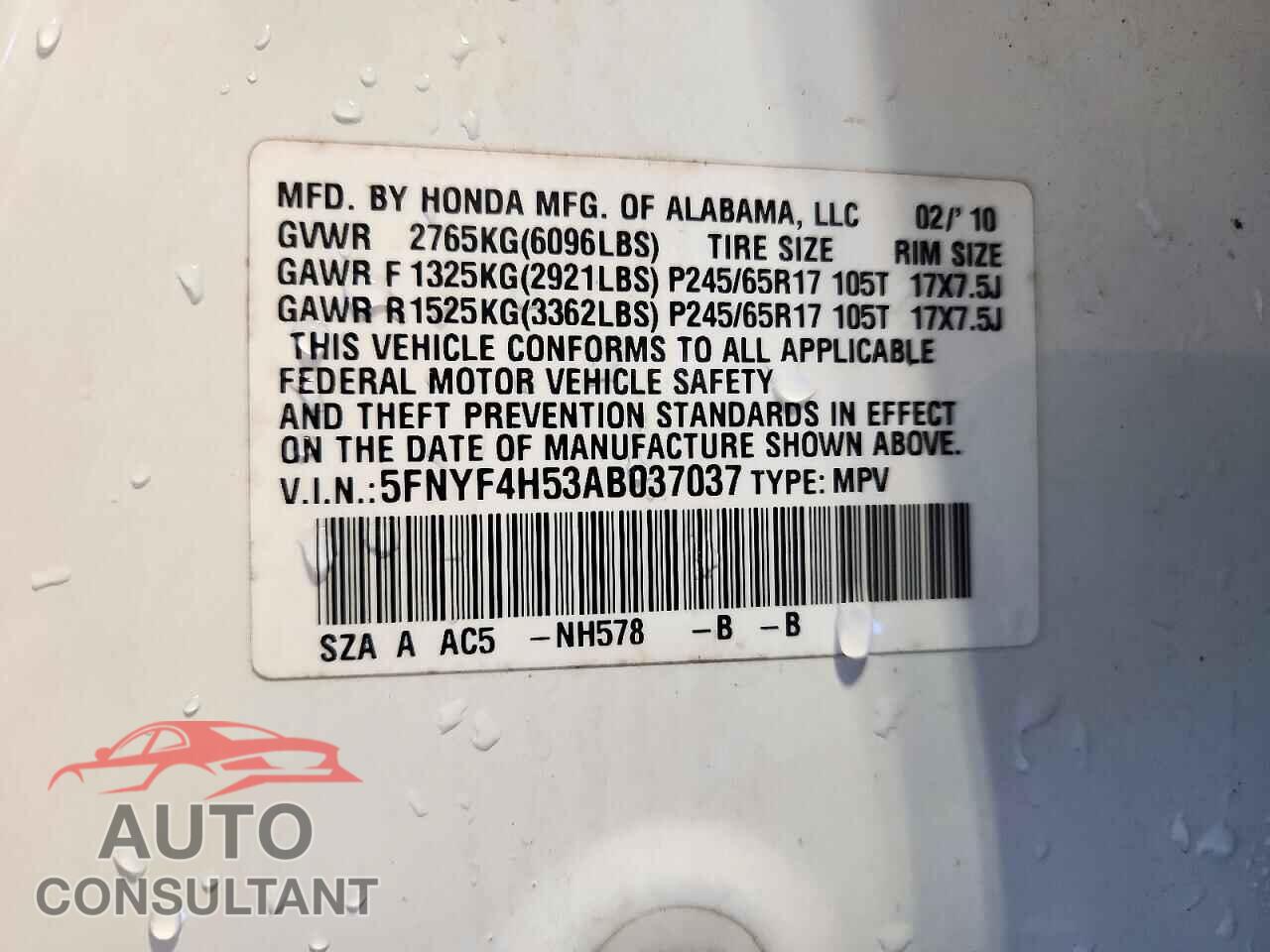 HONDA PILOT 2010 - 5FNYF4H53AB037037