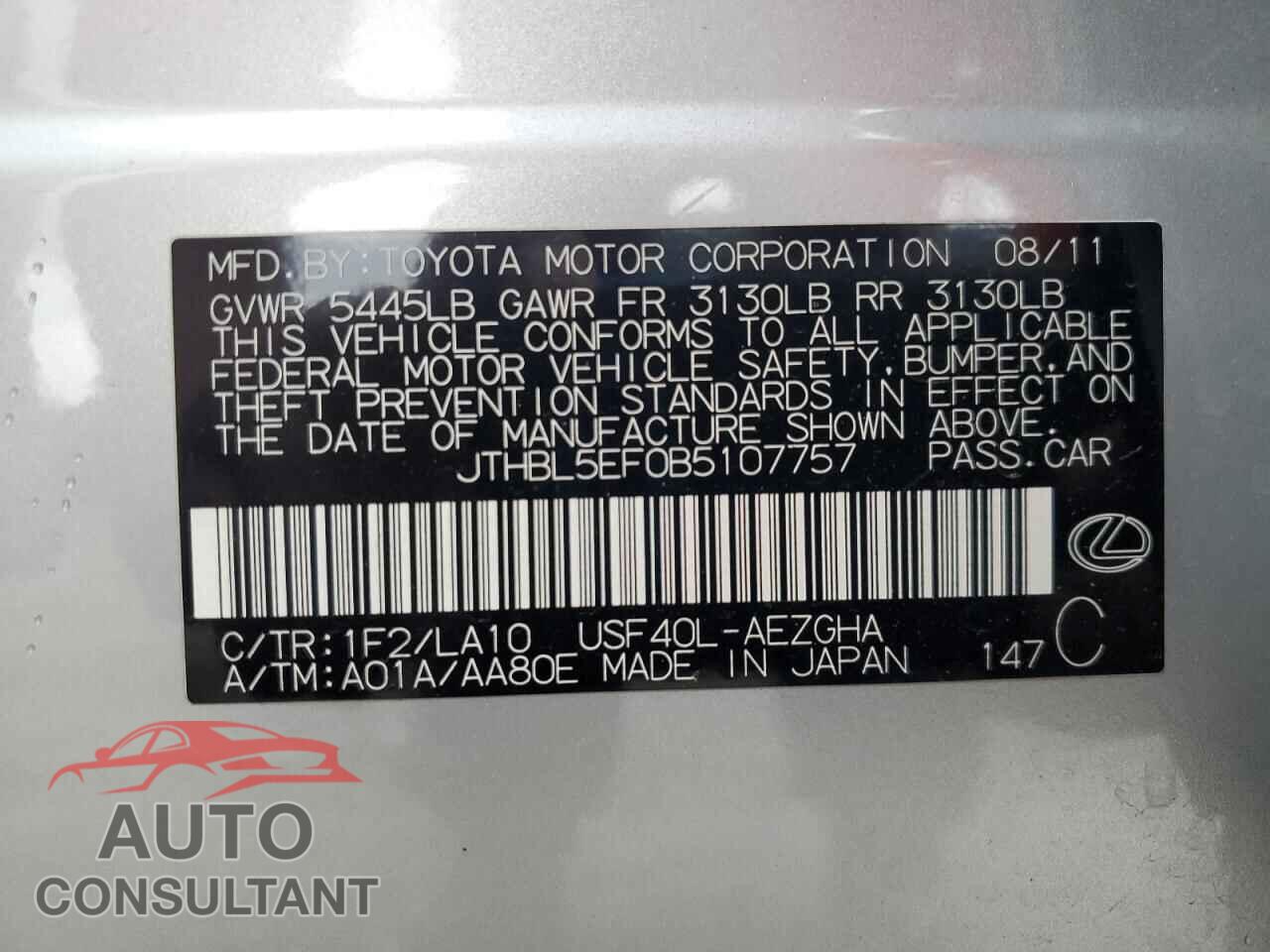 LEXUS LS460 2011 - JTHBL5EF0B5107757