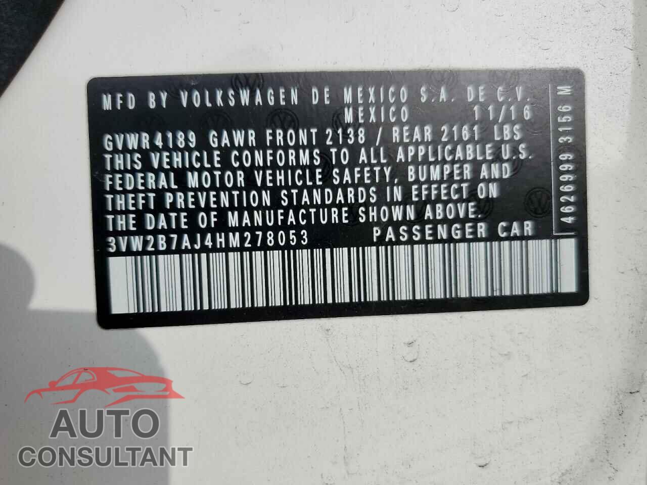 VOLKSWAGEN JETTA 2017 - 3VW2B7AJ4HM278053