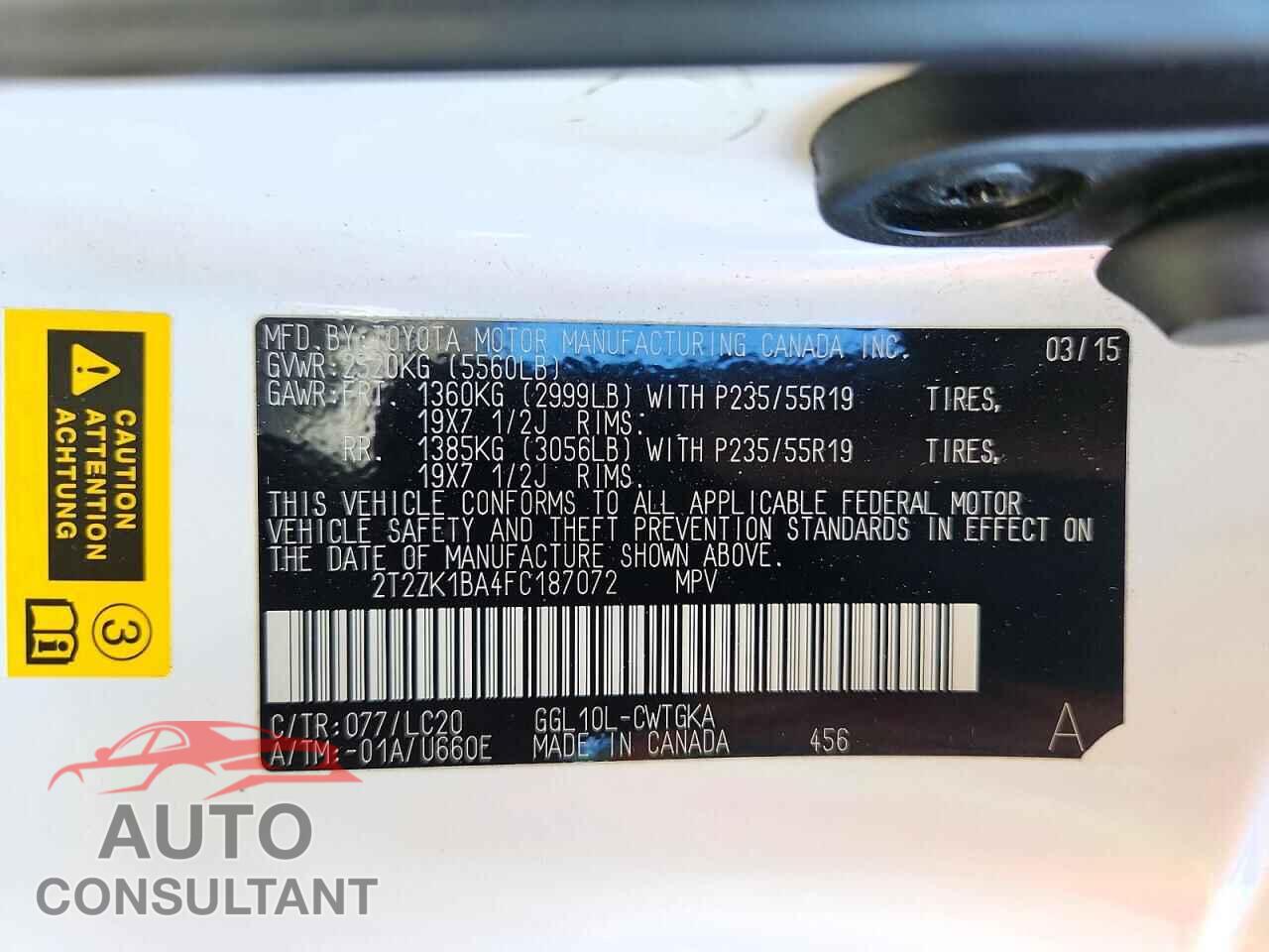 LEXUS RX350 2015 - 2T2ZK1BA4FC187072