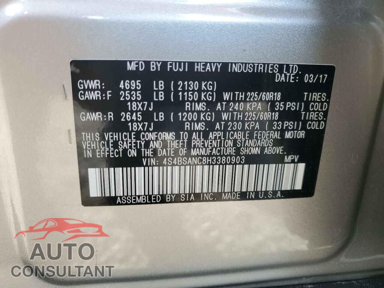 SUBARU OUTBACK 2017 - 4S4BSANC8H3380903